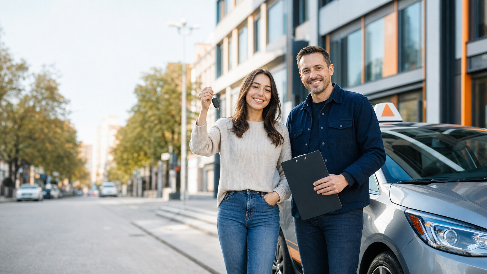 Fahrlehrer und Fahrschuelerin neben einem modernen Fahrschulauto